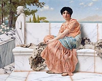 Pintura de una mujer vestida con túnicas griegas sentada en un banco de mármol con árboles y agua en la distancia