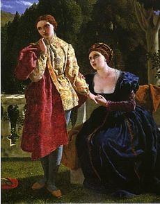 Pintura de una mujer del Renacimiento vestida como varón, de pie y mirando hacia la izquierda, mientras una mujer vestida como tal sentada a su derecha, le toma de la mano y la mira implorante, todo sobre un fondo bucólico.